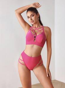 Menodora SHEIN Sport 女士条纹圆环连体吊带背心和内衣休闲健身运动套装 - 粉色 - 查看 3