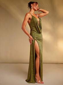 Hauture Đầm hở vai cổ xếp ly xẻ tà họa tiết động vật dành cho nữ - màu xanh lá - Xem 4