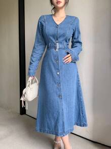 DAZY V 领金属扣腰带修身商务休闲长袖女士牛仔连衣裙，秋冬，秋季女装 - 中等水洗藍 - 查看 1