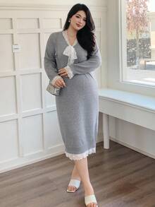 Dazy Plus 蕾丝拼接系带喇叭袖宽松直筒中长款大码女式优雅毛衣裙，秋季 - 灰色 - 查看 6