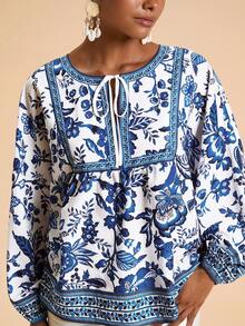 Travachic 女士印花系领宽松度假衬衫，长袖蓝白印花上衣，蓝白印花女式夏季衬衫，波西米亚风衬衫，田园风衬衫，休闲女装，秋季女装，时尚秋季，外出，乡村风格女装 - 藍白色 - 查看 1