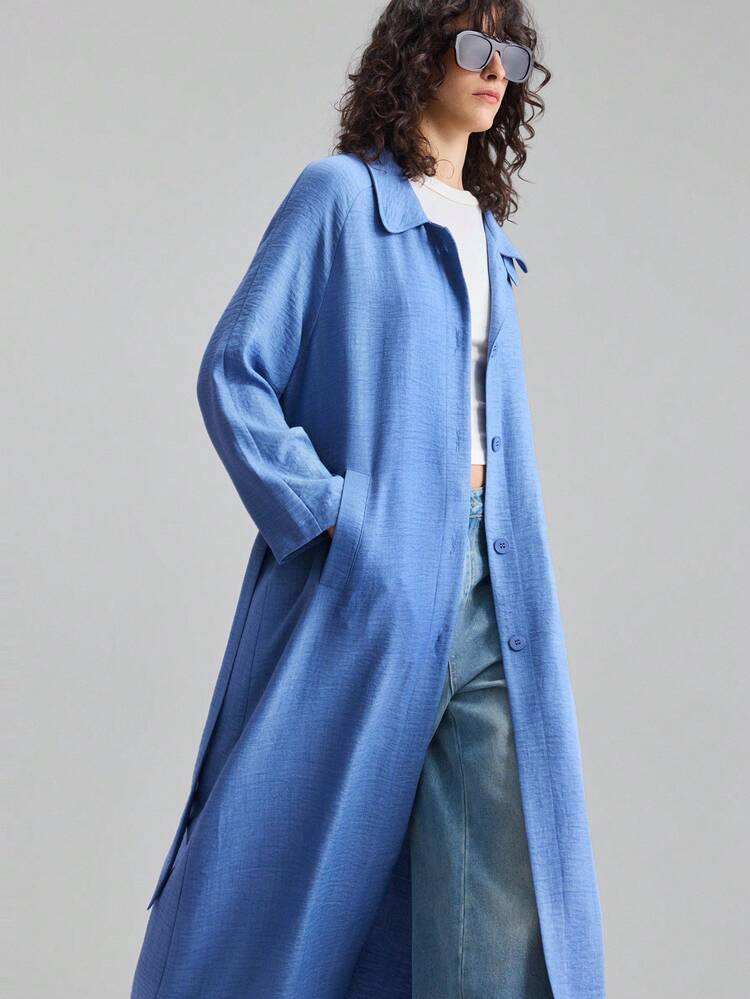 Women's Business Casual Cornflower Blue Trench Coat,Chic Autumn Everyday Apparel,2025 New Winter Solid Color Commuter Attire,Teacher Casual Outings
