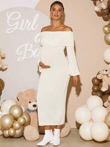 Loomaby Elegant Solid Color Off Shoulder Fitted Maternity Knit Dress,Gender Reveal Dress,Maternity Dress, Baby Shower Dress - Apricot - View 4