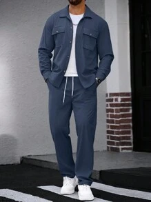 Manfinity CasualCool 男士灯芯绒工作衬衫和裤子两件套，秋季服装 - 寶藍色 - 查看 4