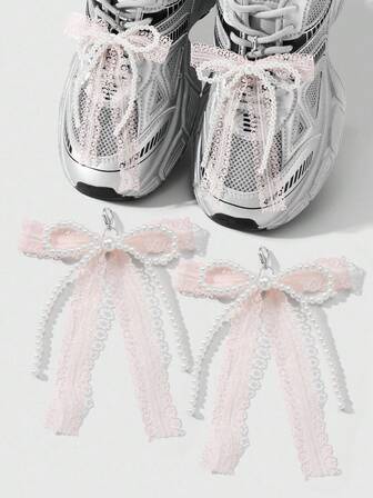 Kawaii 2 Stücke handgefertigte weiße Perlen & rosa Spitze Schleifen DIY Schuhclips, vielseitige & elegante Accessoires geeignet für Frauen, tolles Geschenk für Feiertage