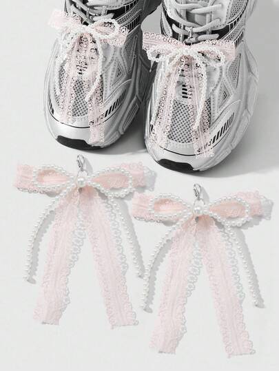 Kawaii 2pcs Handmade Beaded White Faux Pearl & Pink Lace Bow DIY Shoe Clips, Versatile & Elegant Accessories Suitable For Women, Great Gift For Holidays