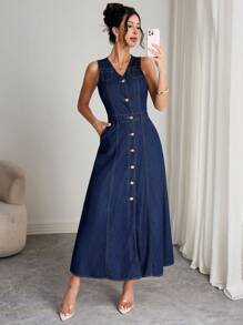 Elenzga 女式休闲无袖 V 领纽扣前洗水牛仔布连衣裙，带口袋 - 深色水洗藍 - 查看 1