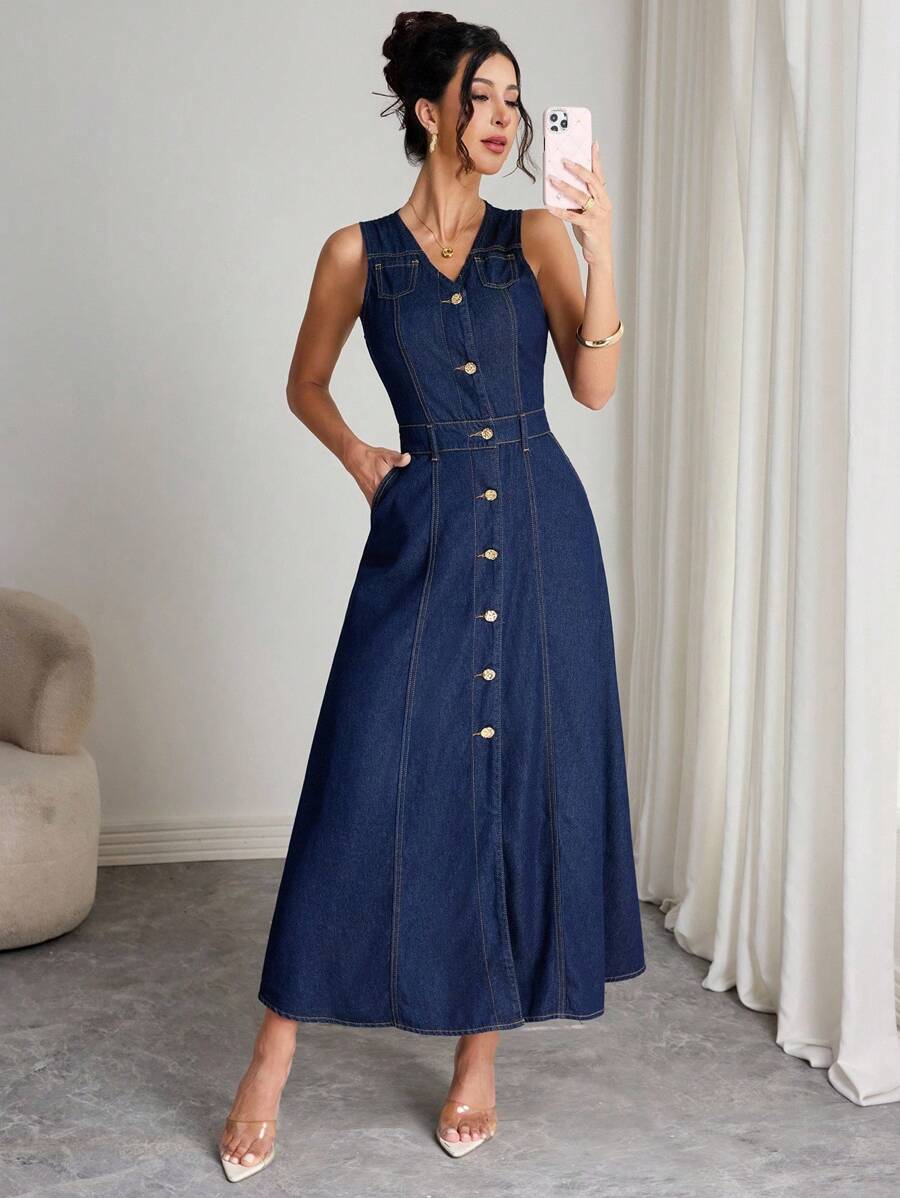 Elenzga 女式休闲无袖 V 领纽扣前洗水牛仔布连衣裙，带口袋 - 深色水洗藍 - 查看 1