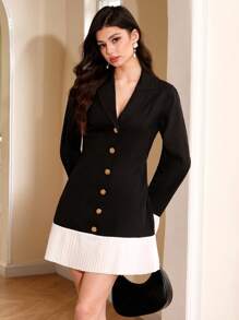 SHEIN MOD Robe longue élégante à manches longues avec volant à l'ourlet de couleur unie - Noir - Voir 2