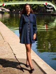 lacRébo Blue Denim Button Front Long Sleeve Mini Dress Going Out Dress Office Outfits Autumn Dress Winter Dress - Dark Wash - View 1