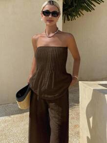 DAZY 女士宽松休闲度假两件套，夏季 - 棕色 - 查看 5