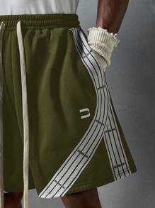 NEON BLANC Shorts de punto con cinta bordada con letras, moda callejera para hombres - Verde militar - Ver 6