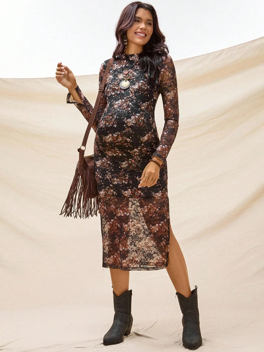 Boho Mama 孕妇圆领插肩长袖透视开衩碎花修身连衣裙 - 彩色 - 查看 1