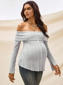 Boho Mama 孕妇纯色露肩喇叭袖荷叶边条纹单排扣T恤 - 灰色 - 查看 7