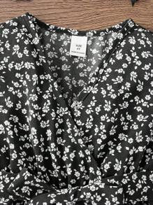 Young Girl Sage Green Floral V-Neck Ruffle Hem Dress,Summer Elegant Fairy Party Outfits,Girls Back To School First Day Outfits,Snug Fit Dance Dress - Black - View 6