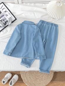 SHEIN 2 件幼儿男童韩版牛仔领长袖衬衫 + 时尚休闲牛仔裤套装，春秋 - 藍色 - 查看 2