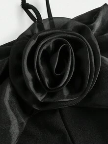 SHEIN Girlism Elegancka sukienka z elastycznej, marszczonej organzy z odkrytymi ramionami i 3D kwiatowymi wstążkami dla nastolatek, o kroju litery A, idealna na święta, imprezy, eleganckie okazje, wesela i powrót do szkoły - Czarne - Zobacz 3