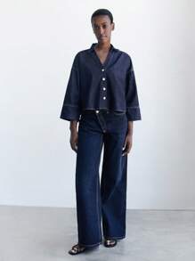 Maija 女式深蓝色牛仔上衣，七分袖，宽松衬衫，度假风格和复古风格的秋季女装