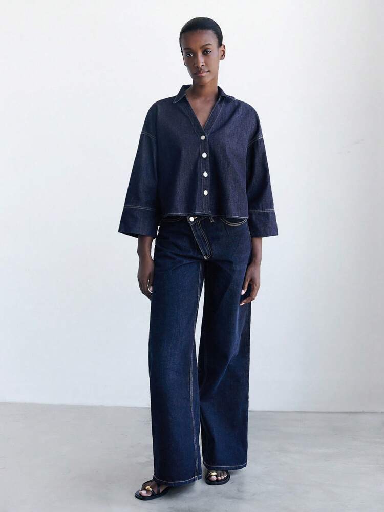 SHEIN Maija Women's Dark Blue Denim Top With Three-Quarter Sleeves And Loose Shirt, Vacation Style And Old Money Style Fall Women Clothes