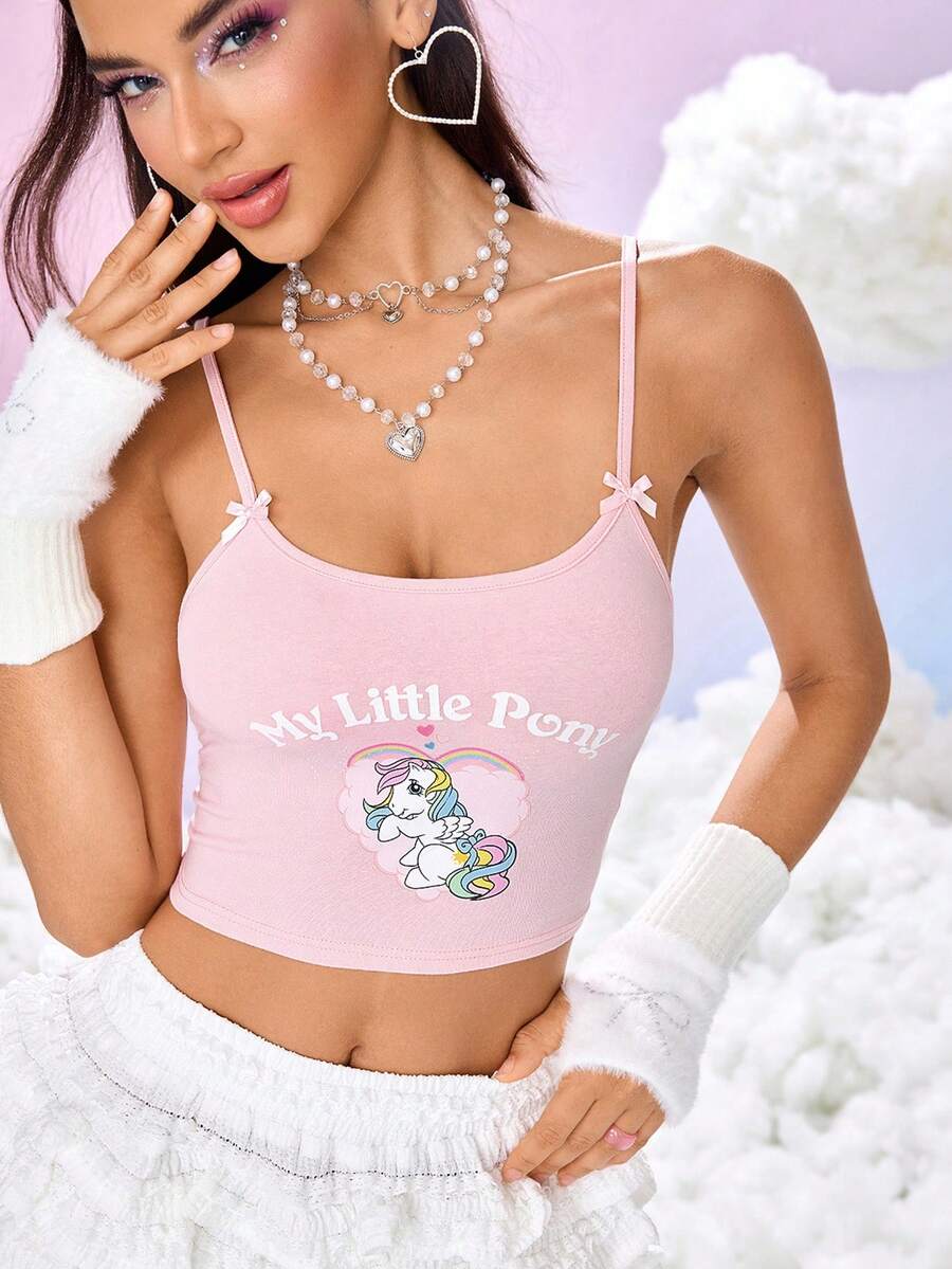 My Little Pony X SHEIN Pink Knitted Crop Cami Top For Women Featuring Spaghetti Straps And Adorable Plant Graphic, A Sheer-Free Summer Essential - Pink - View 1