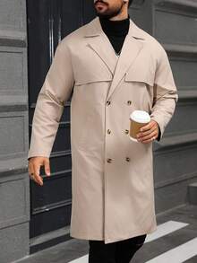 Manfinity Homme 男士街头热销INS风男士纽扣前襟长袖口袋简约休闲风衣，外出法兰绒风衣，适合送给朋友、丈夫、男友的礼物，男士长款外套，男士米色外套，男士风衣，秋季新款 - 卡其色 - 查看 5