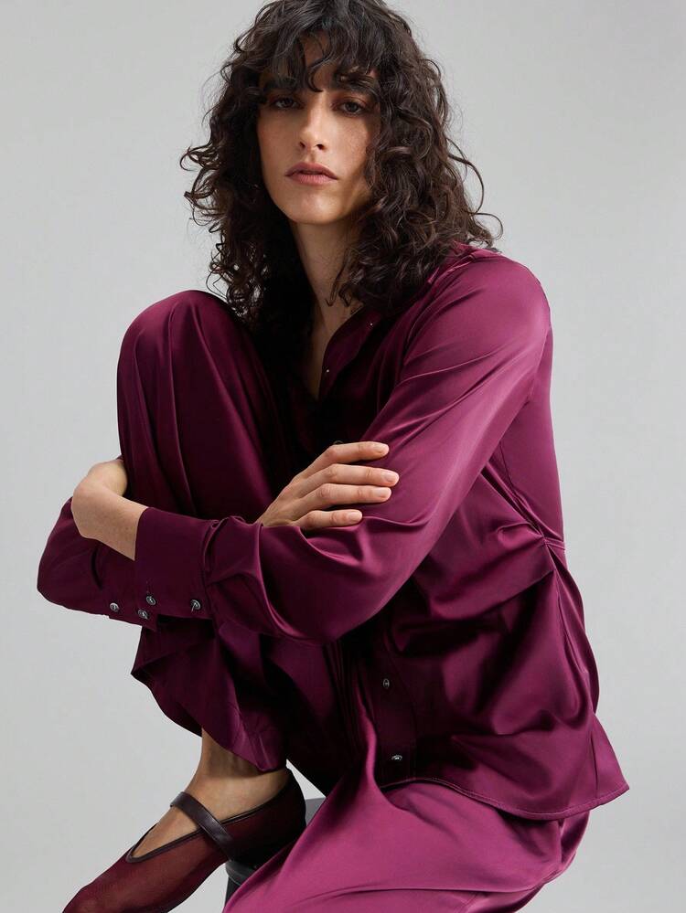 Burgundy Women's Shirt,Autumn Elegant Dining Office Wear,Long Sleeve Lapel Collar Shell Buttons,Minimalist Business Casual Urban Style Commuter Top
