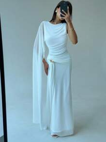 Aloruh 女式纯色拼布荷叶边优雅连衣裙 - 白色 - 查看 8