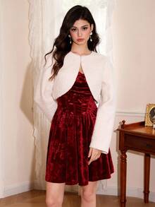 SHEIN MOD Chaqueta corta de peluche de moda con botones de perlas falsas y manga larga para mujer