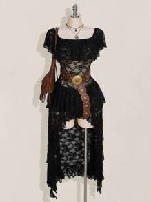SHEIN ICON Plus Size Off Shoulder Ruffle Lace Tiered Short Front Long Back Dress, Boho, Vacation - Black - View 4