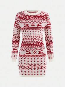 Tween Girl Casual Fitted Long Sleeve Crew Neck Sweater Dress Christmas Sweater Dress Autumn Winter Clothes For Girl - Beige - View 5