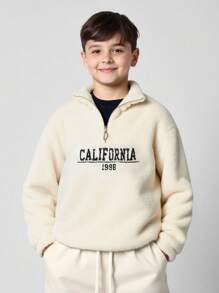 SHEIN Tween Boy's Sporty Plush Half-Zip Sweatshirt,In Fall/Winter - Apricot - View 4