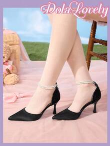 Dola Lovely Women's Black High Heel Lolita Style Cute & Elegant Pearl Chain Bow Pointed Toe Pumps, Suitable For Halloween And Christmas - Black - View 3