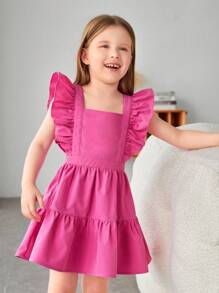 SHEIN Young Girl Bow Back Ruffle Trim Dress - Pink - View 3