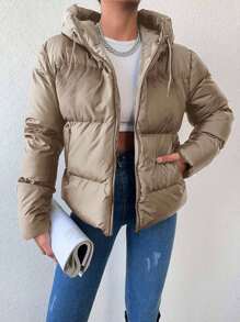 EURMUSE Women's Drawstring Hooded Padded Coat - Beige - View 5