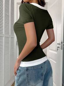 Chiquease Thiết kế áo thun bó sát 2 trong 1 phối màu thời trang - Màu xanh Ô liu - Xem 2