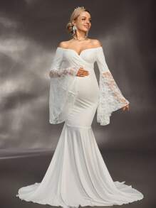 Cheriluna Maternity فستان تصوير الحمل / فستان حفلة أنيق / فستان استحمام الطفل - كتف مكشوف ، كم طويل غير متماثل مبالغ فيه ، فستان ماكسي بتصميم رقعة من الدانتيل