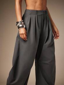 Hauture Basic Summer Casual Solid Charcoal Pleated Oversized Barrel Pants - Grey - View 2