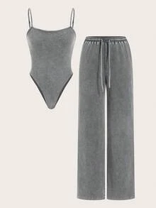 Coolane 女士夏季演唱会服装街头服饰 Y2K 简约休闲脏洗无袖紧身衣和宽松低腰裤两件套服装 - 深灰色 - 查看 2