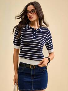 Muvela Top à manches courtes en tricot avec col polo et rayures contrastées, couleur crème jaune. Blouse d'été mignonne pour femmes