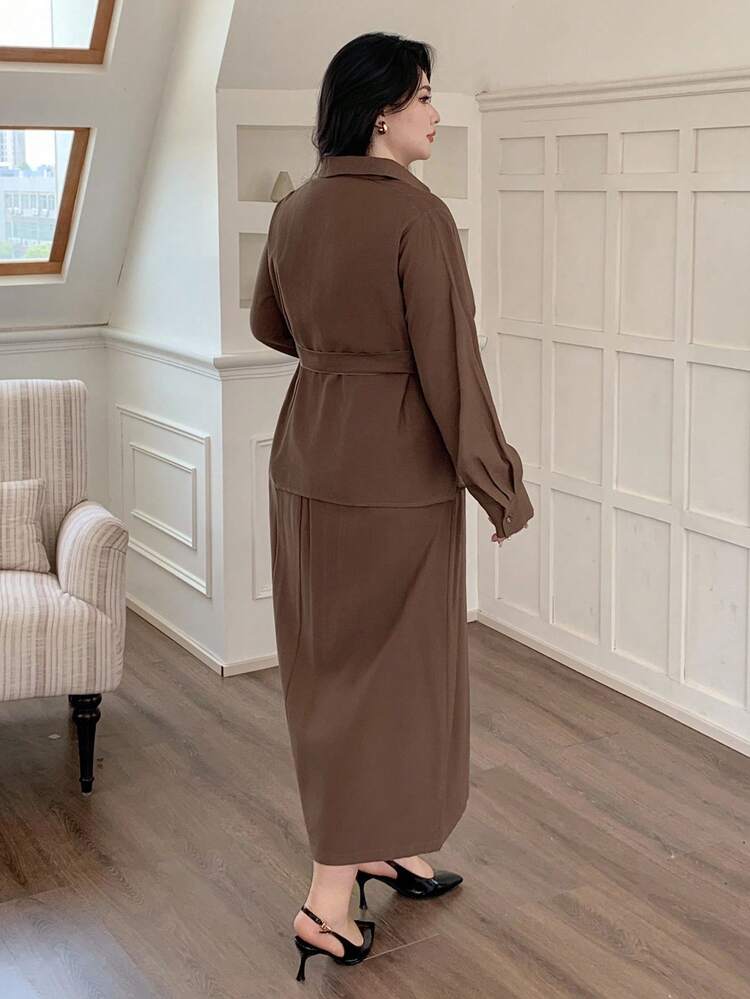 Dazy Plus 2pcs/Set Solid Color Tie-Waist Loose Long Sleeve Shirt & Skirt, Business Casual Commuter Outfit For Plus Size Women