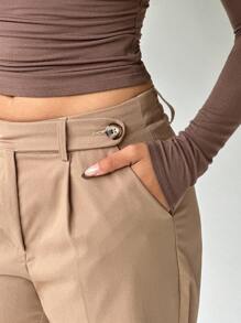 Flirla 1pc Women's Casual, Daily, Commuting, Shopping Asymmetrical Waist Relaxed Fit Pants - Khaki - View 5
