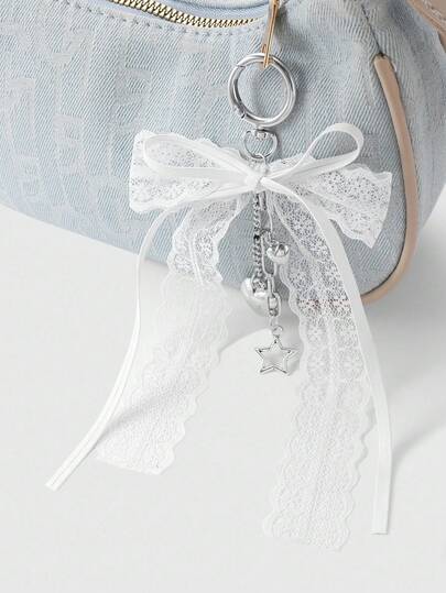 Kawaii 1pc Style Minimalist Elegant Versatile White Leather Lace Bow Silver Chain Star CCB Heart DIY Keychain Bag Charm, Suitable For Women, Daily Wear, Holiday Gift
