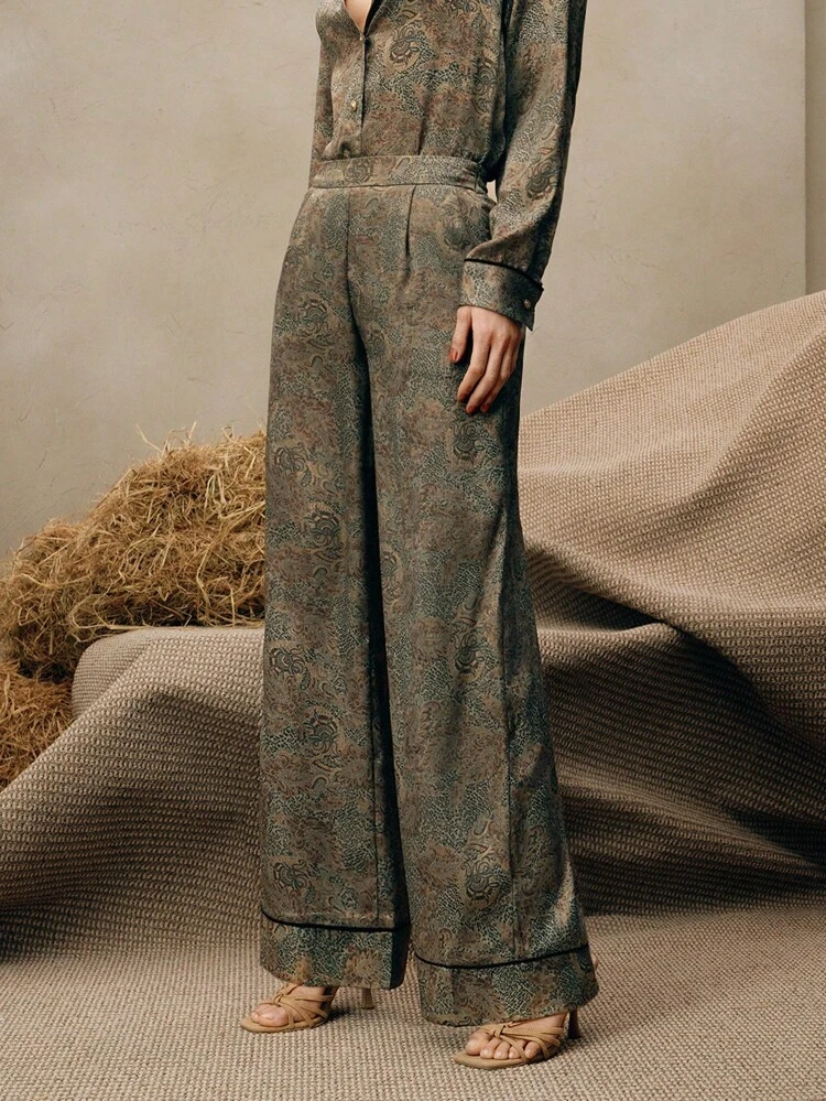 Pantalones casuales anchos de mujer con pliegues, bolsillos y estampado de flores en jacquard