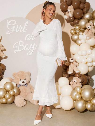 Loomaby 孕妇纯色圆领喇叭袖鱼尾下摆修身优雅连衣裙