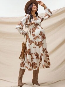 Boho Mama 孕妇褶皱灯笼袖收腰连衣裙 - 卡其色 - 查看 6