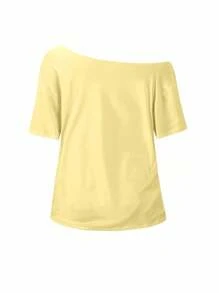 SHEIN Sweetro 女式宽松不对称肩部 T 恤，带有芙蓉花和“HONOLULU Aloha”印花，海滩度假 Y2K 风格，黄色 - 黃色 - 查看 2