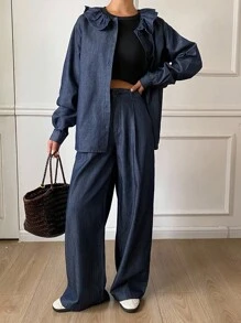 DAZY 2pcs Women Peter Pan Collar Long Sleeve Denim Cardigan Top And Loose Straight Leg Pants Casual Denim Suit - Medium Wash - View 4