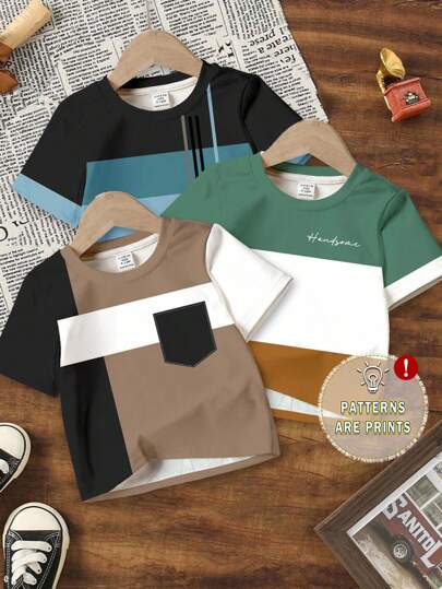 SHEIN 男宝宝休闲简约圆领短袖宽松T恤，适合夏季