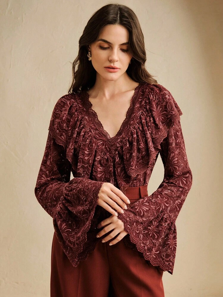 Women's Elegant V-Neck Velvet Lace Ruffle Trim Long Sleeve Blouse, Romantic For Christmas & Date, Winter