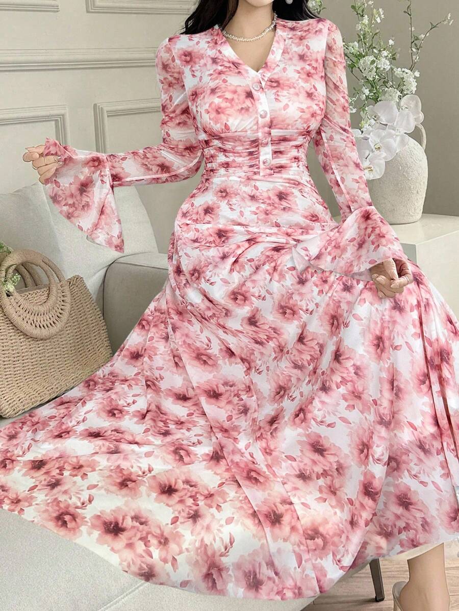 Feyla Đầm Maxi Thanh Lịch Cổ Chữ V Tay Chuông In Hoa Cho Nữ Thiết Kế Nút